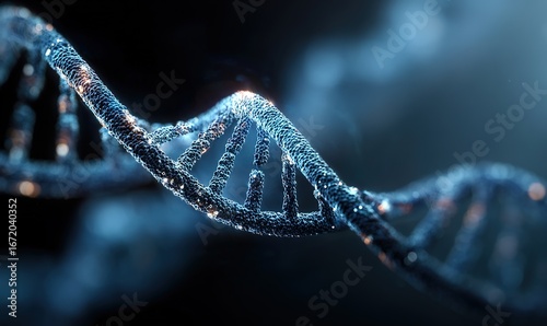 Fototapeta Naklejka Na Ścianę i Meble -  A macro image of a DNA double helix structure against a dark background, used for decorative and promotional materials in biology, medical research, genetic engineering, and other related areas.