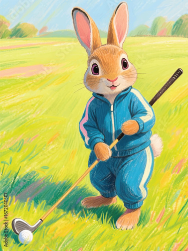 cute rabbit playing golf on the field Illustrator Artwork design template poster