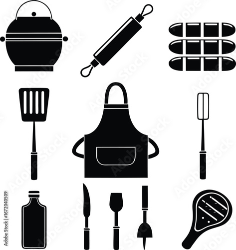 Kitchen Utensils, Baking, and Grilling Tools Icons Set Vector