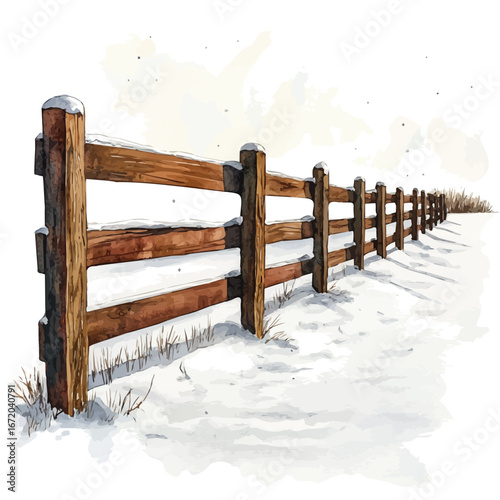 watercolor vector of Snow-covered Fence, isolated on a white background.
