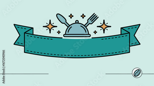 A teal ribbon with a serving platter fork and spoon and stars on a light blue background design element