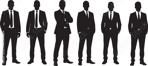 Silhouettes of six businessmen standing in a row wearing formal suits and ties