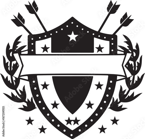 Heraldic shield with arrows, stars, and banner