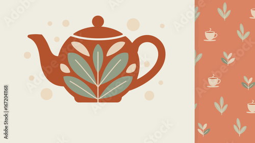 An illustration of a teapot with leaves and a pattern of teacups and leaves on a coral background