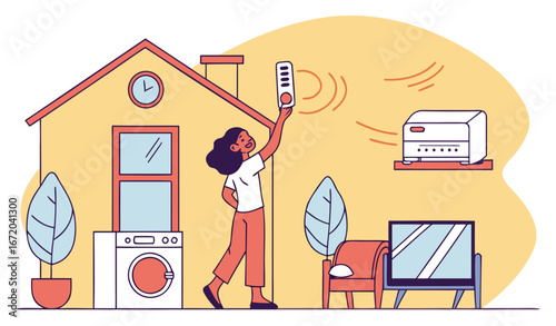Happy woman and air conditioner blowing cold air in living room. Girl controlling temperature at home using air conditioning system vector illustration. Appliances, technology, climate concept 