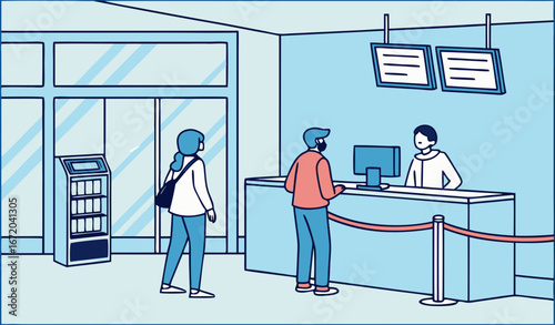 People waiting their turn at check-in counter. Hall with reception, electronic display, cooler flat vector illustration. Hotel, hospital hall concept for banner, website design or landing web page