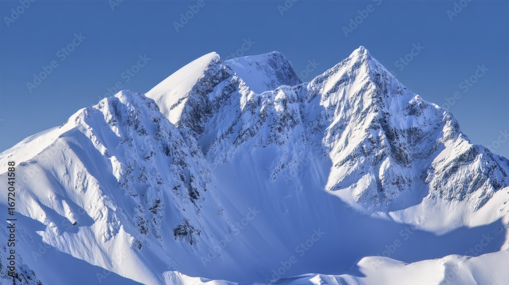 Naklejka premium Snow-Capped Mountain Peaks Against Clear Blue Sky in Winter Scene