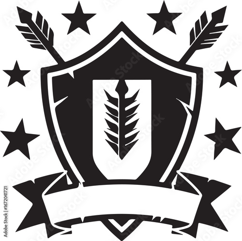 Bold shield emblem with arrows, stars, and banner