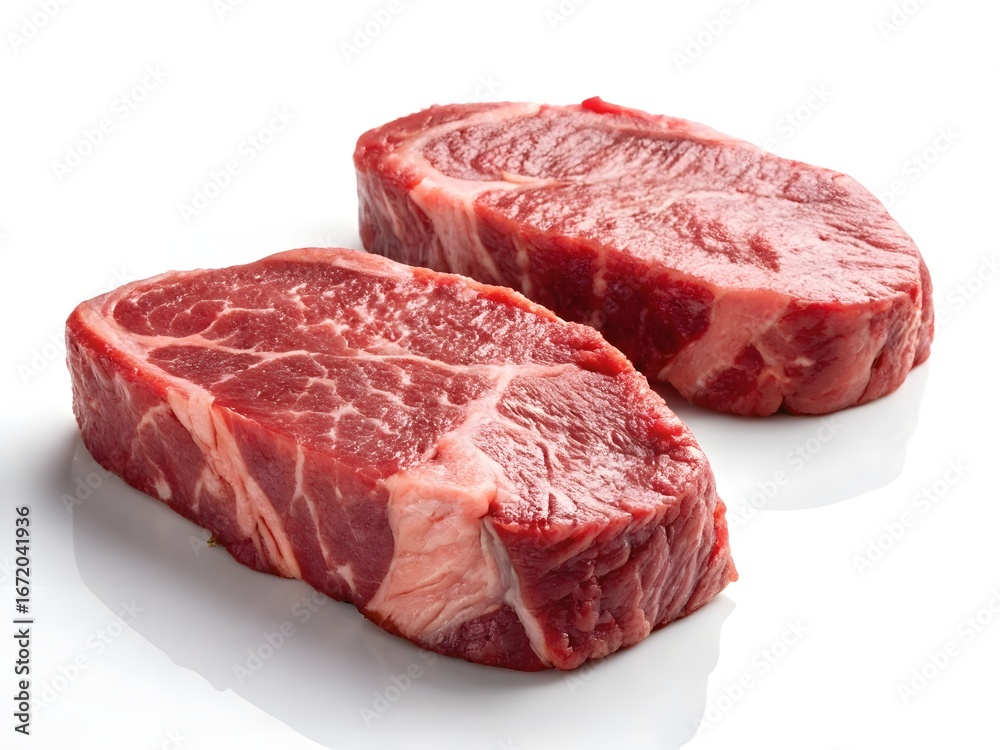 Fototapeta premium Two raw beef steaks with marbling and fat on a white studio background meat red meat