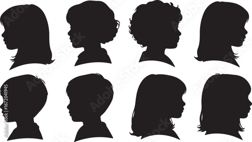 Diverse collection of children s silhouettes showcasing various hairstyles and profiles