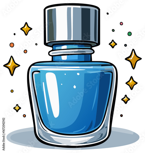 Sparkling Blue Nail Polish Illustration in a Cartoon Style with Decorative Stars