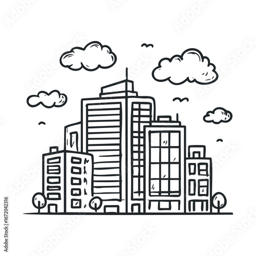Urban skyline design with modern buildings and clouds. Vector illustration