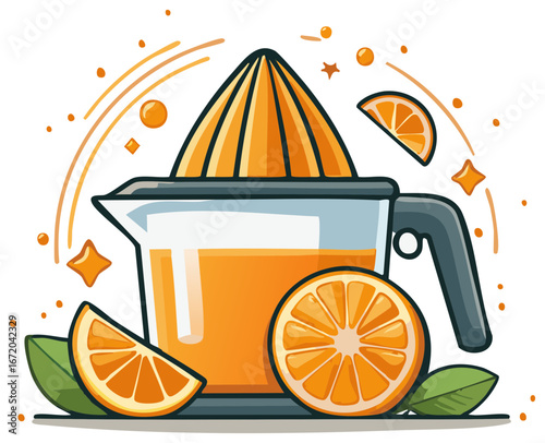 Vibrant Orange Juice Squeezer with Fresh Citrus Fruits and Sweet Refreshing Drink Illustration