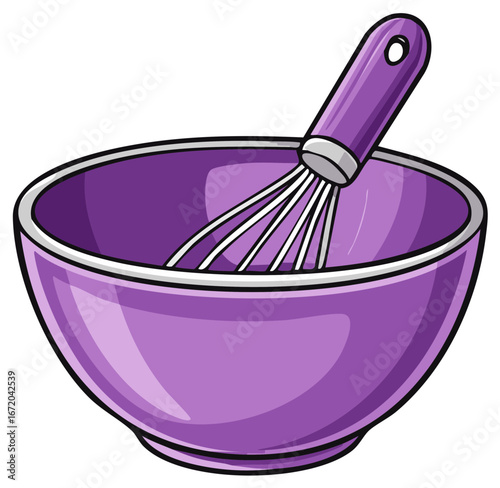 Cartoon illustration of a purple mixing bowl and wire whisk for baking or cooking preparation