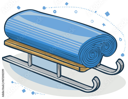 Vintage cartoon illustration of a sled with rolled blanket on a wooden base, winter scene decoration