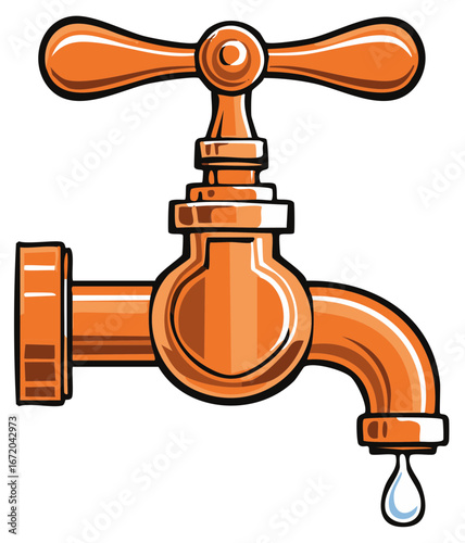 Leaking vintage copper faucet with a single water drop cartoon vector illustration