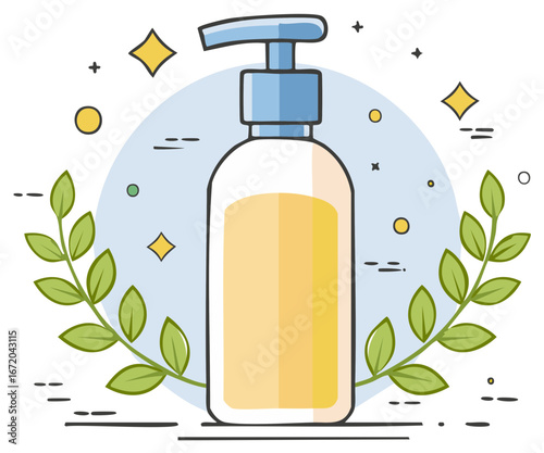 Natural cosmetic product pump bottle with botanical elements and sparkling details
