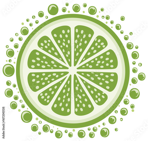 Fresh lime slice with sparkling bubbles isolated on white background in a circular pattern