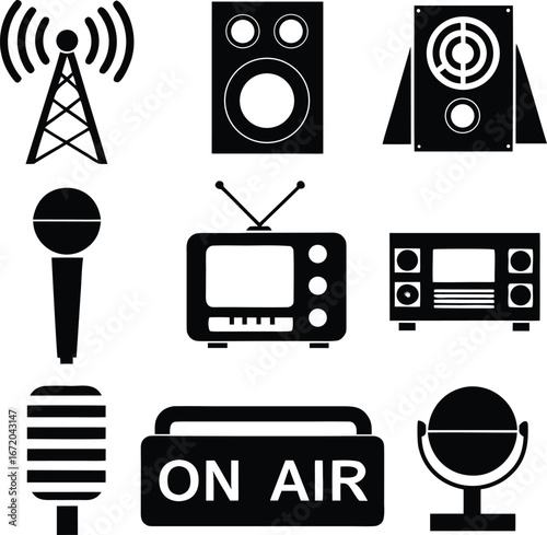 Broadcasting, Media, and Audio Visual Equipment Icons Set Vector