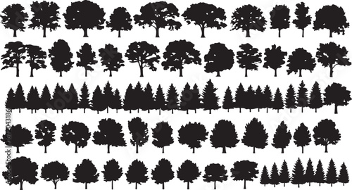 Collection of diverse tree silhouettes in black and white for design and illustration projects