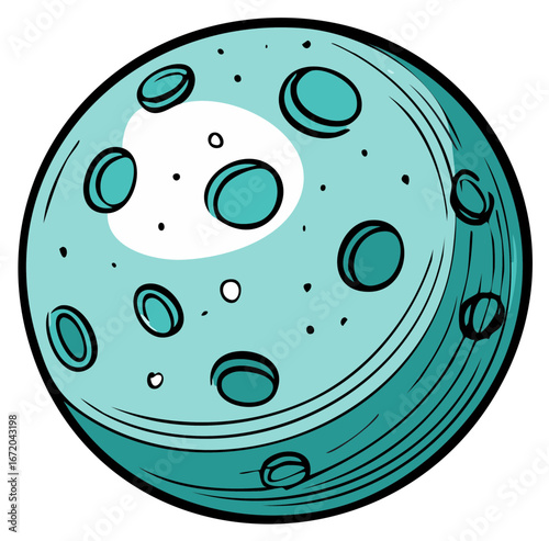 Cartoon illustration of a full moon with craters and textured surface in aqua blue tones