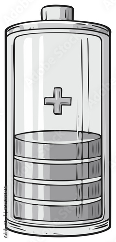 Grayscale cartoon battery illustration showing power level and a positive symbol