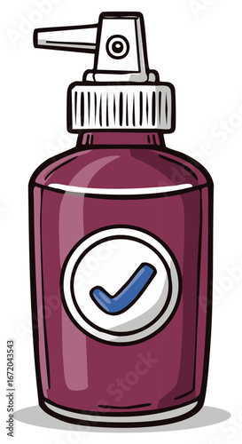 Illustrated bottle with a checkmark logo, purple liquid, and a spray nozzle, cartoon style.