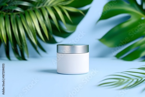 White cosmetic jar with silver lid centered on light blue background surrounded by green tropical leaves