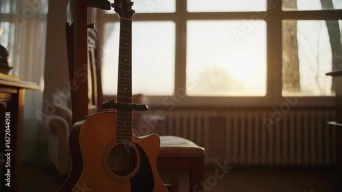 Wallpaper Mural Sunlit acoustic guitar resting on a chair in a room with a window Torontodigital.ca