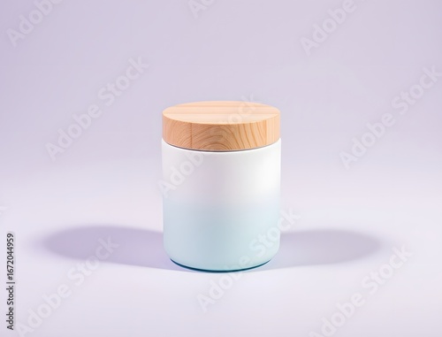 White cylindrical container with wooden lid on pale purple background cylinder canister