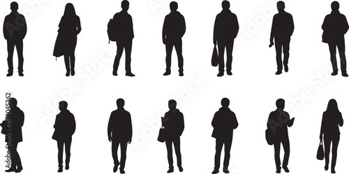 A diverse collection of black silhouette figures standing and walking in two rows against a white background