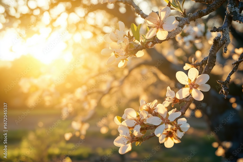 Fototapeta premium Beautiful Blossoming Tree Branch at Sunset, Bathed in Warm Golden Light, Showcasing Delicate White Flowers Against a Serene Natural Background