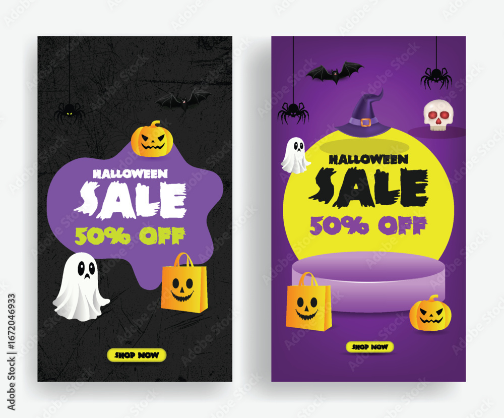 Fototapeta premium Halloween Stories Template Bundle for Vertical Banner Ads, Scary Discount Offer, Party Event Trick or Treat Illustration and Sale Promotion Background Design