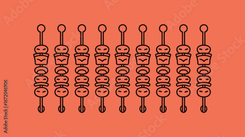 A pattern of ten stylized kebab skewers with alternating meat and vegetable pieces on a coral background