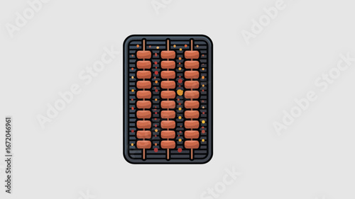 Illustration of three skewers of sausage cooking on a grill with sparks and a light gray background