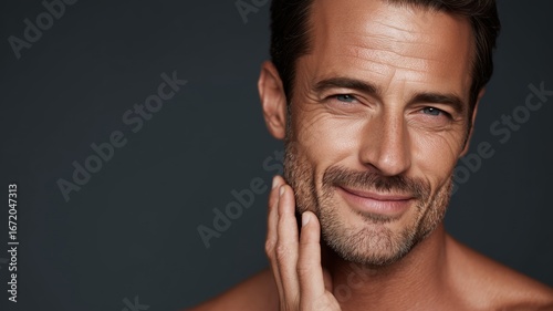 Male model showcases modern cosmetology techniques in a studio environment