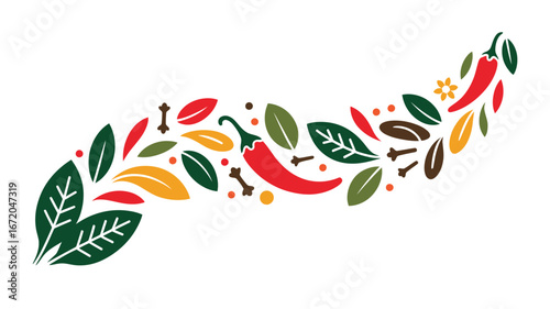 A decorative arrangement of chili peppers leaves and spices on a white isolated background art design