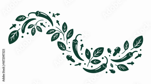 Decorative arrangement of green chili peppers cloves and leaves on a white background in a wavy pattern