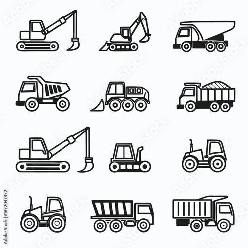 Illustration of construction vehicles including excavators and dump trucks in black outline style design