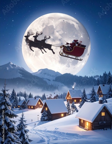 Santa Claus flying in his sleigh over the moon
