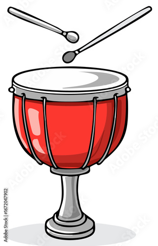 Red Timpani Drum with Two Drumsticks Ready to Play Music in the Orchestra