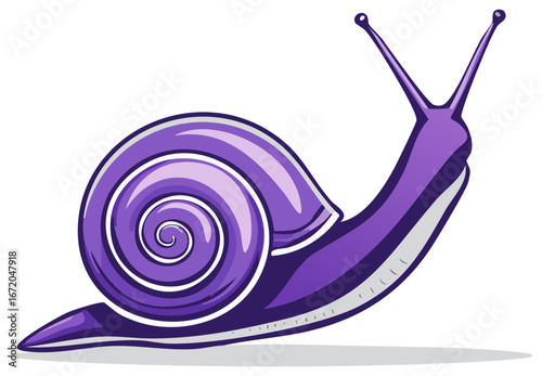 Illustrated snail art with a swirled shell and antennae in violet and purple hues moving slowly on the ground.