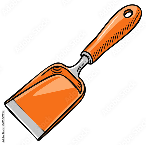 Bright orange grout float with dark outlining, construction tool with plastic handle and gray smoothing surface, handyman equipment