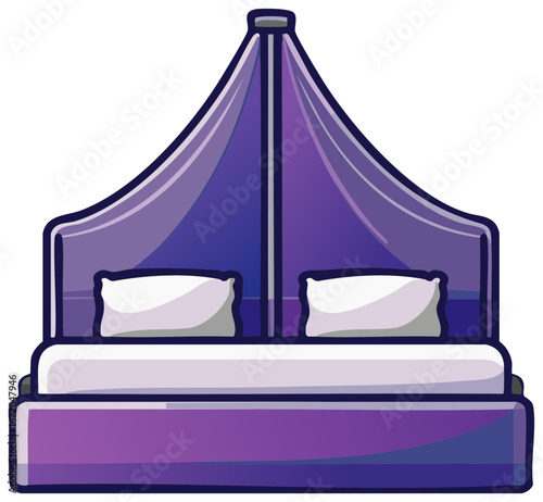 Luxurious purple canopy bed with sheer drapes and pillows, vector illustration