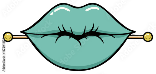 Cartoon Lips with Lip Piercing: Teal, Golden Ball Ends, Horizontal Bar, Minimalist Art