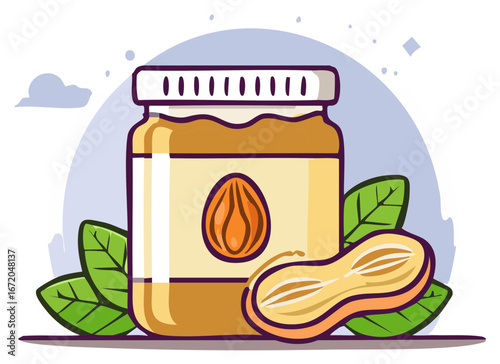 Cartoon Peanut Butter Jar with Shelled Nut and Leaves Illustration