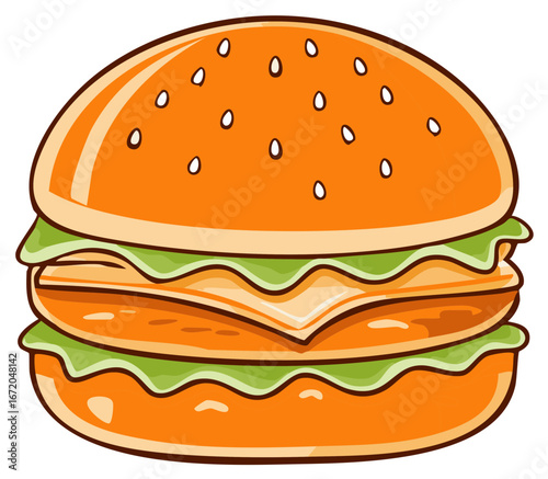 Cartoon Style Double Patty Burger with Cheese and Lettuce Illustration