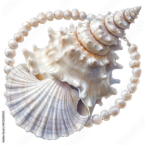 watercolor of Seashell Necklace, vector, isolated on a white background.