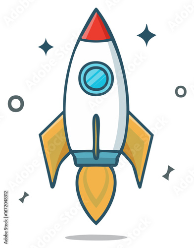 Cartoon rocket launching with fiery exhaust and sparkling stars