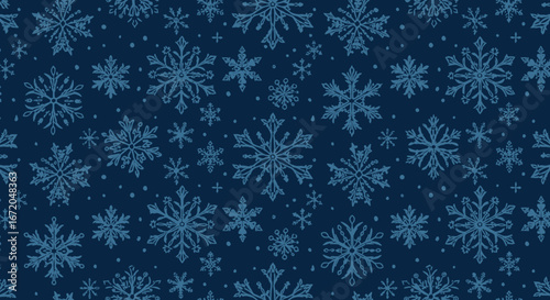 Seamless blue snowflake pattern winter holiday background design.
